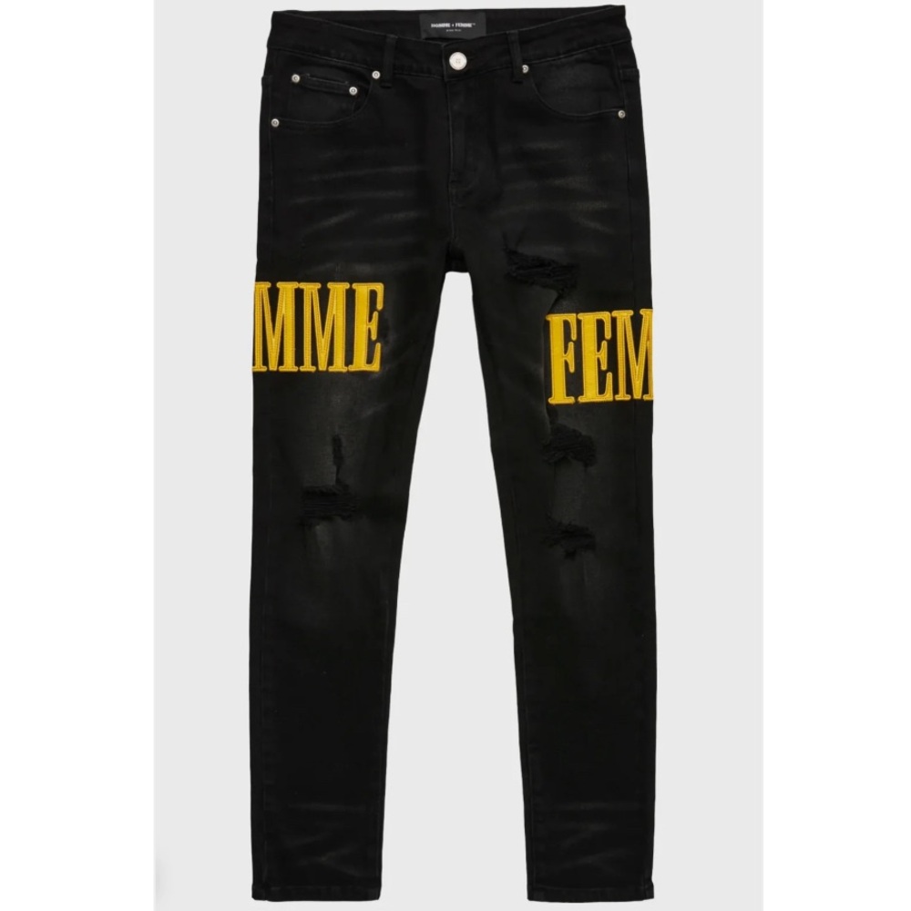 Homme + Femme LETTERMAN DENIM BLACK WITH YELLOW LETTERS Size 42
